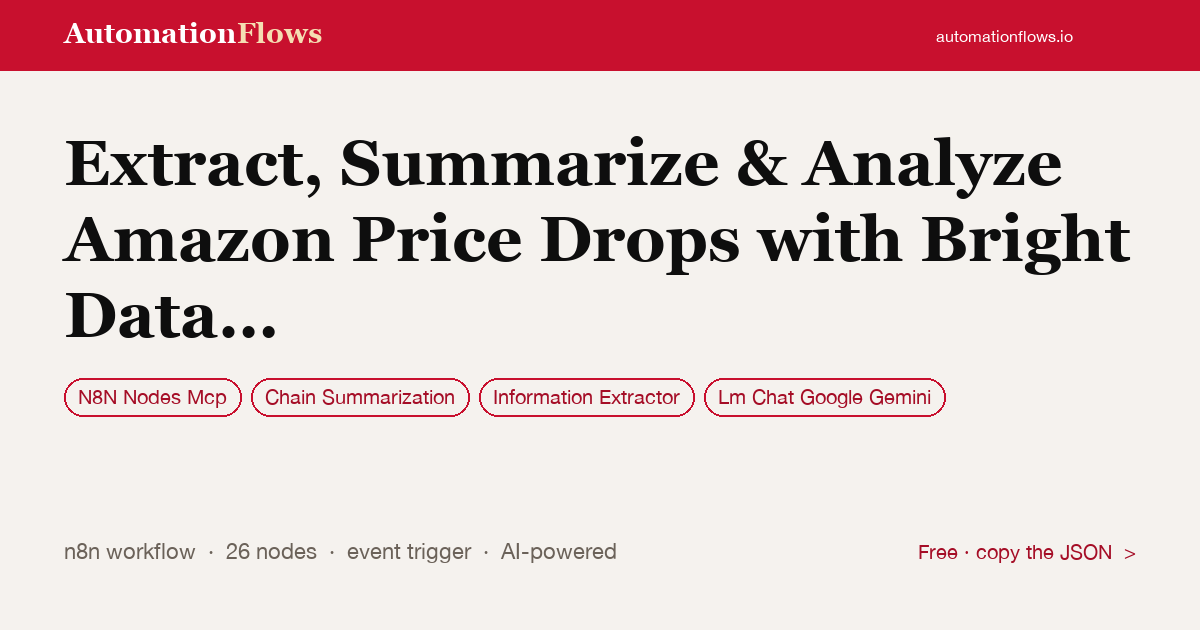 Extract, Summarize & Analyze Amazon Price Drops with Bright Data & Google Gemini — n8n workflow card showing N8N Nodes Mcp, Chain Summarization, Information Extractor integration