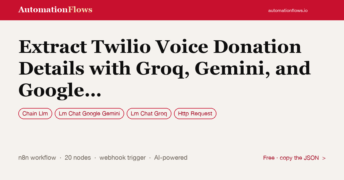 Extract Twilio Voice Donation Details with Groq, Gemini, and Google Sheets — n8n workflow card showing Chain Llm, Google Gemini Chat, Groq Chat integration