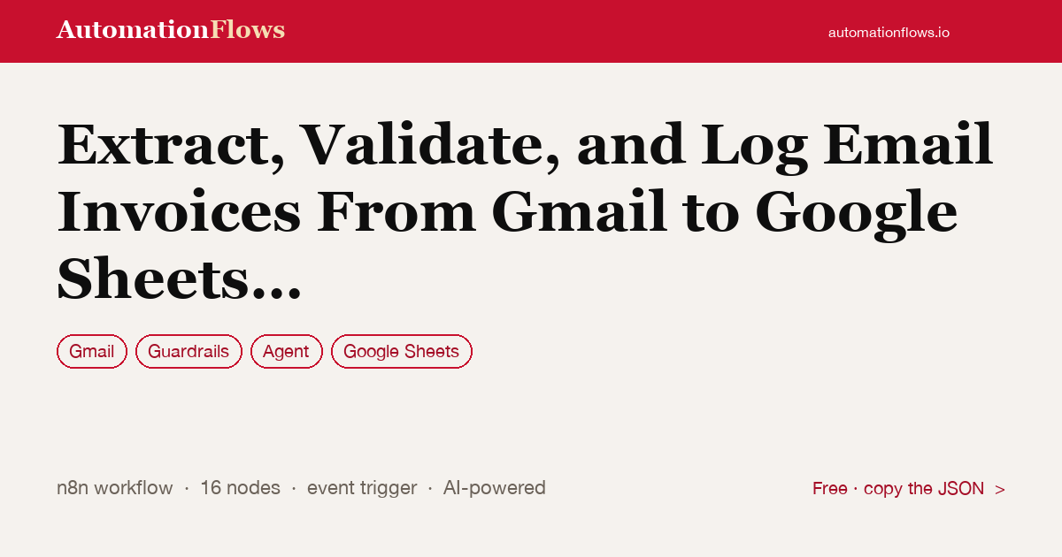 Extract, Validate, and Log Email Invoices From Gmail to Google Sheets with Gpt-4 — n8n workflow card showing Gmail, Guardrails, Agent integration