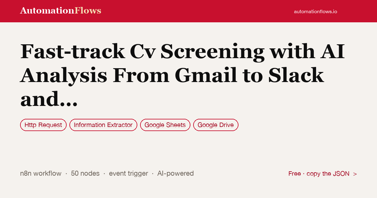 Fast-track Cv Screening with AI Analysis From Gmail to Slack and Google Sheets — n8n workflow card showing HTTP Request, Information Extractor, Google Sheets integration