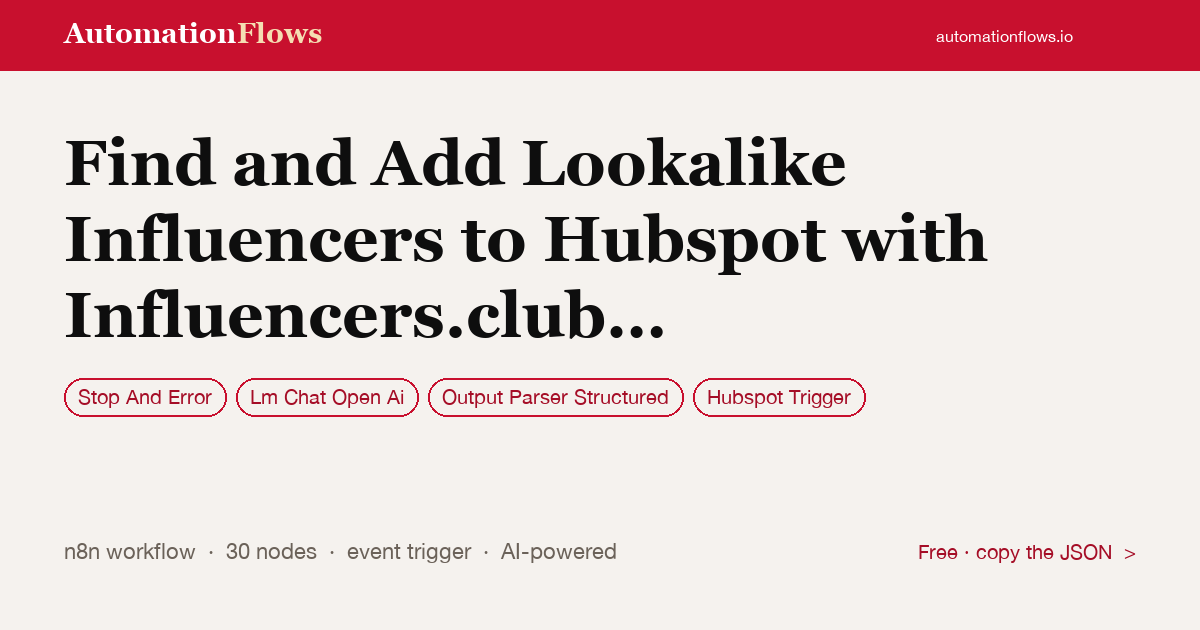 Find and Add Lookalike Influencers to Hubspot with Influencers.club and… — n8n workflow card showing Stop And Error, OpenAI Chat, Output Parser Structured integration
