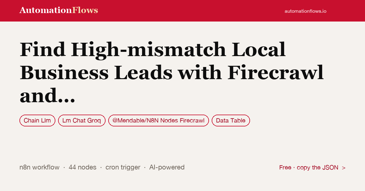Find High-mismatch Local Business Leads with Firecrawl and Groq — n8n workflow card showing Chain Llm, Groq Chat, @Mendable/N8N Nodes Firecrawl integration