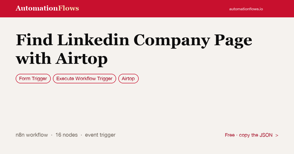 Find Linkedin Company Page with Airtop — n8n workflow card showing Form Trigger, Execute Workflow Trigger, Airtop integration