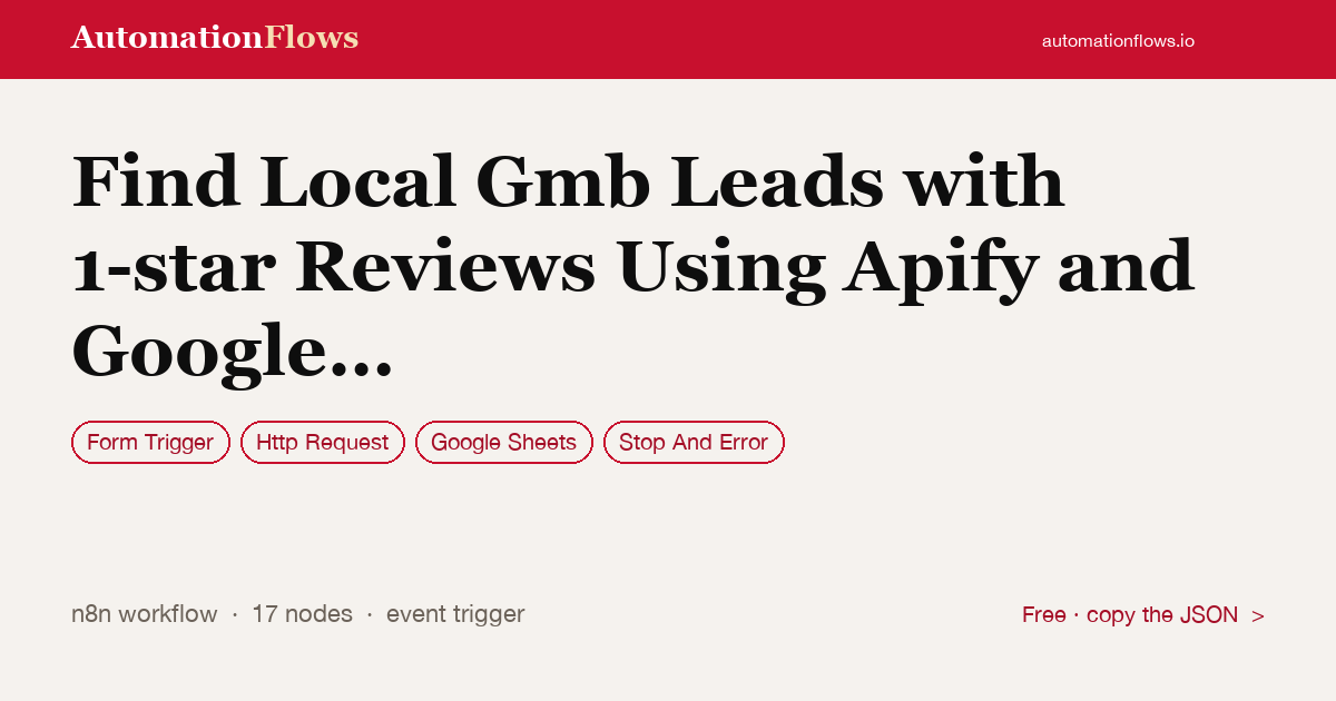 Find Local Gmb Leads with 1-star Reviews Using Apify — n8n workflow card showing Form Trigger, HTTP Request, Google Sheets integration