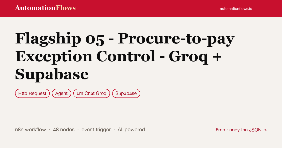 Flagship 05 - Procure-to-pay Exception Control - Groq + Supabase — n8n workflow card showing HTTP Request, Agent, Groq Chat integration