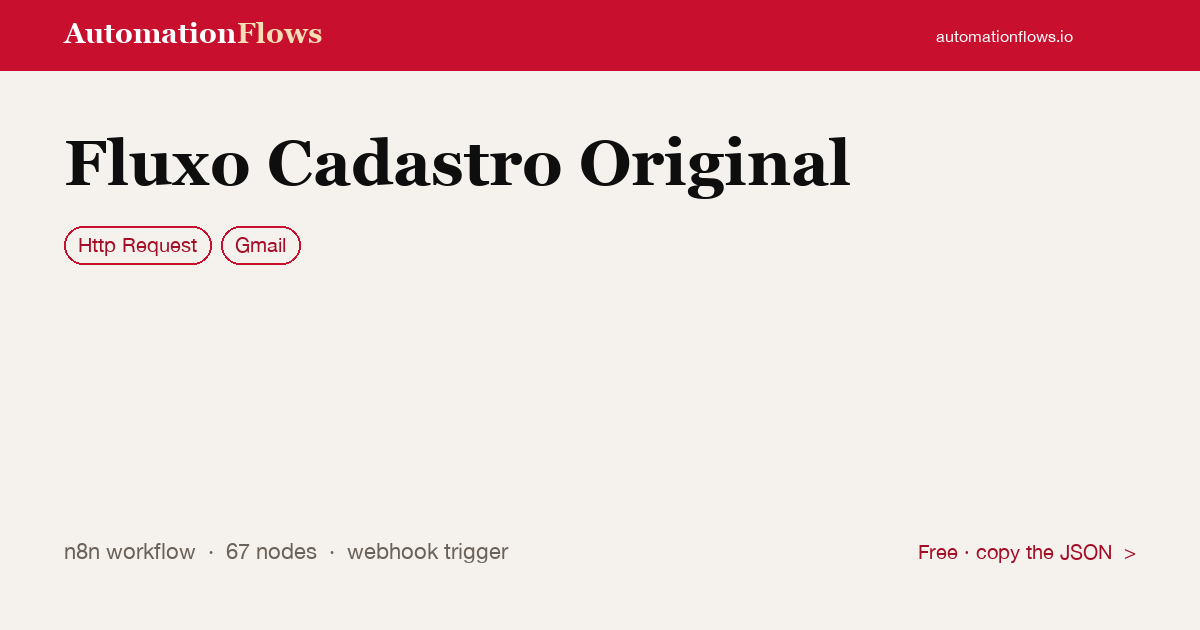 Fluxo Cadastro Original — n8n workflow card showing HTTP Request, Gmail integration