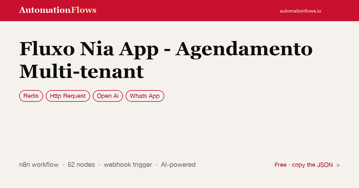 Fluxo Nia App - Agendamento Multi-tenant — n8n workflow card showing Redis, HTTP Request, OpenAI integration