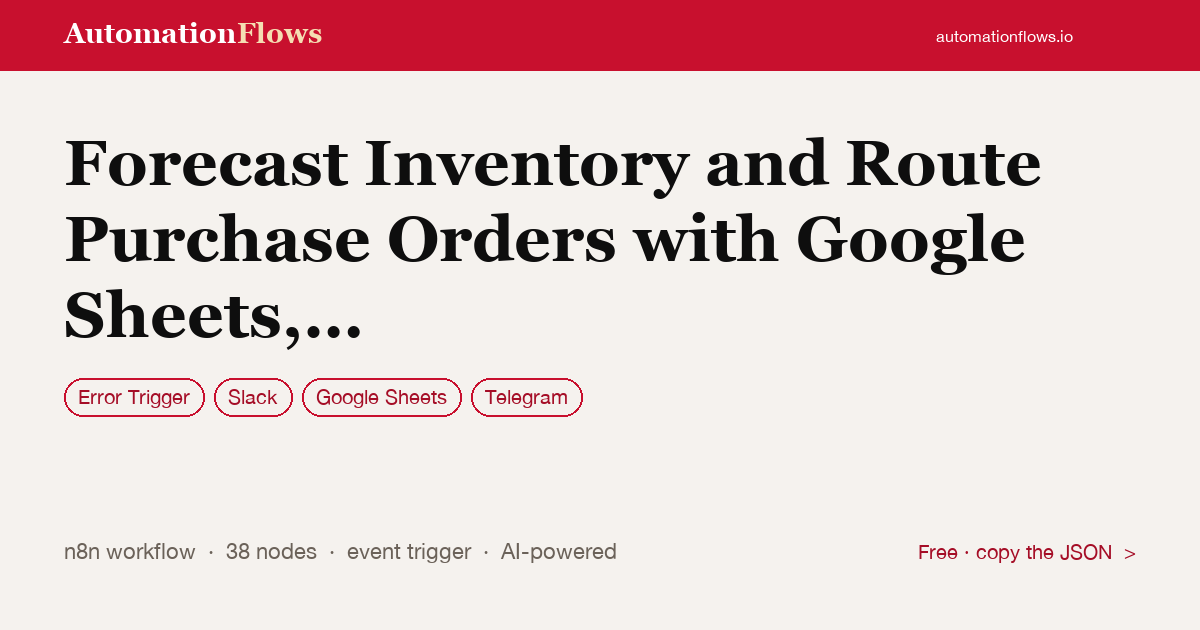 Forecast Inventory and Route Purchase Orders with Google Sheets, Openai,… — n8n workflow card showing Error Trigger, Slack, Google Sheets integration