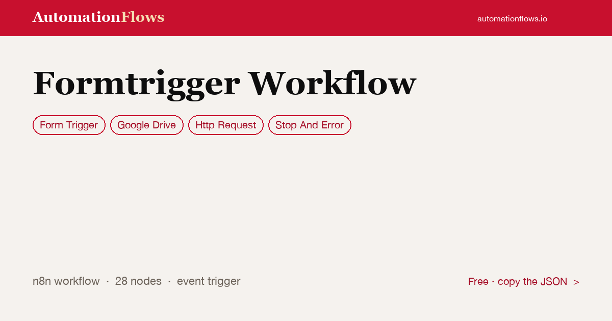 Formtrigger Workflow — n8n workflow card showing Form Trigger, Google Drive, HTTP Request integration