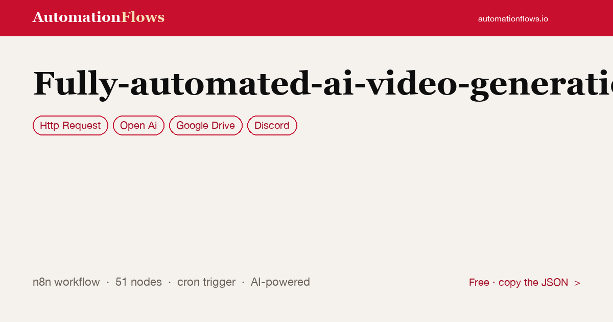 Fully-automated-ai-video-generation-&-multi-platform-publishing — n8n workflow card showing HTTP Request, OpenAI, Google Drive integration
