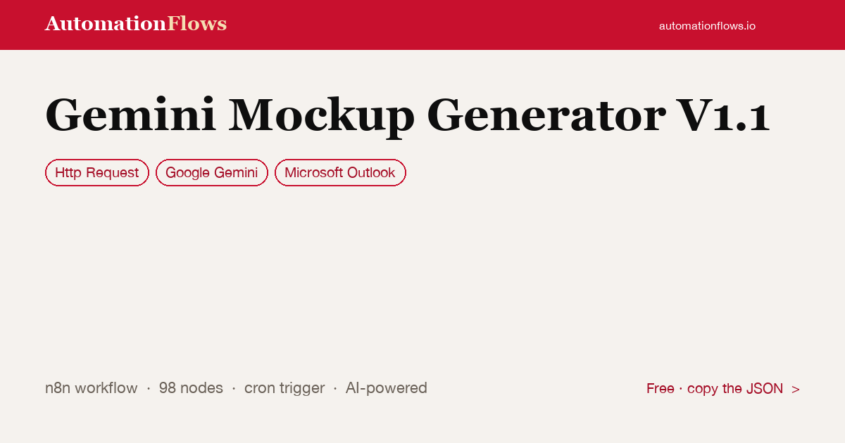 Gemini Mockup Generator V1.1 — n8n workflow card showing HTTP Request, Google Gemini, Microsoft Outlook integration