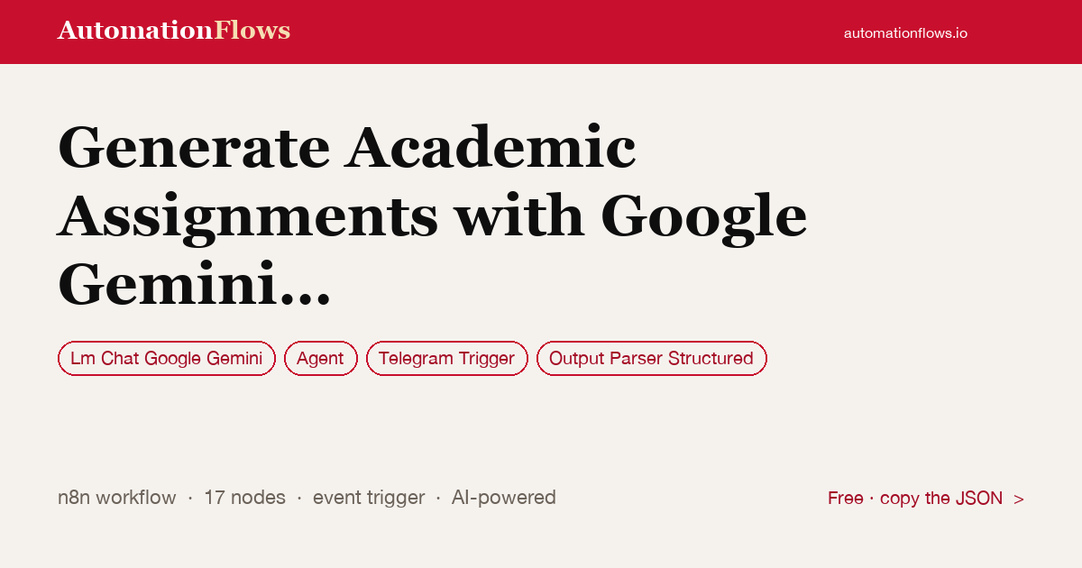 Generate Academic Assignments with Google Gemini & Deliver via Telegram/pdf — n8n workflow card showing Google Gemini Chat, Agent, Telegram Trigger integration