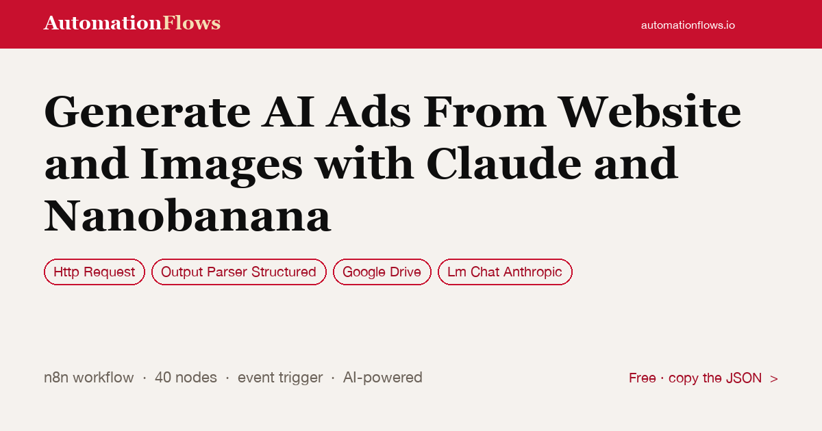 Generate AI Ads From Website and Images with Claude and Nanobanana — n8n workflow card showing HTTP Request, Output Parser Structured, Google Drive integration