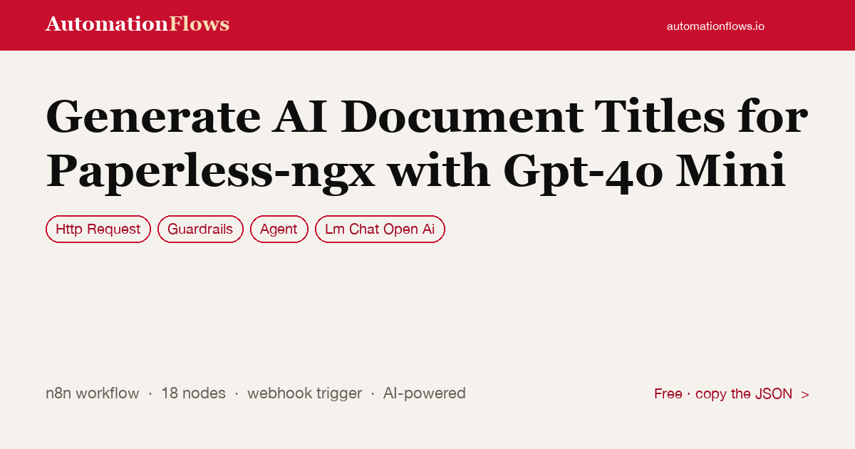 Generate AI Titles for Paperless-ngx Documents — n8n workflow card showing HTTP Request, Guardrails, Agent integration