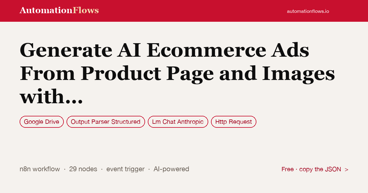 Generate AI Ecommerce Ads From Product Page and Images with Claude and… — n8n workflow card showing Google Drive, Output Parser Structured, Anthropic Chat integration