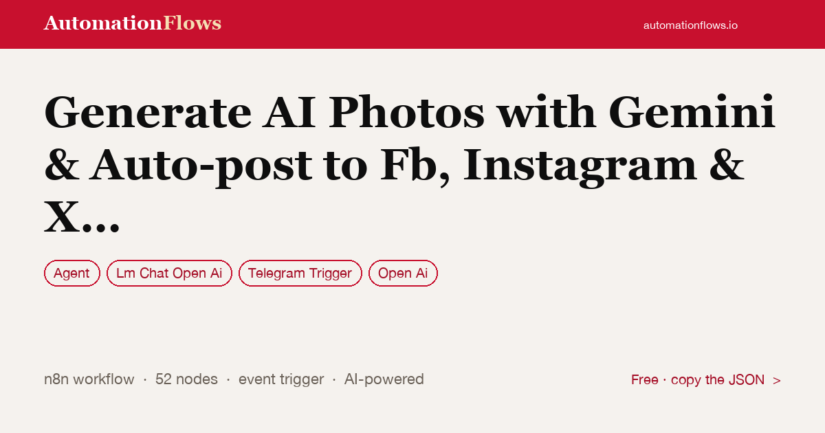Generate AI Photos with Gemini & Auto-post to Fb, Instagram & X with Approval — n8n workflow card showing Agent, OpenAI Chat, Telegram Trigger integration