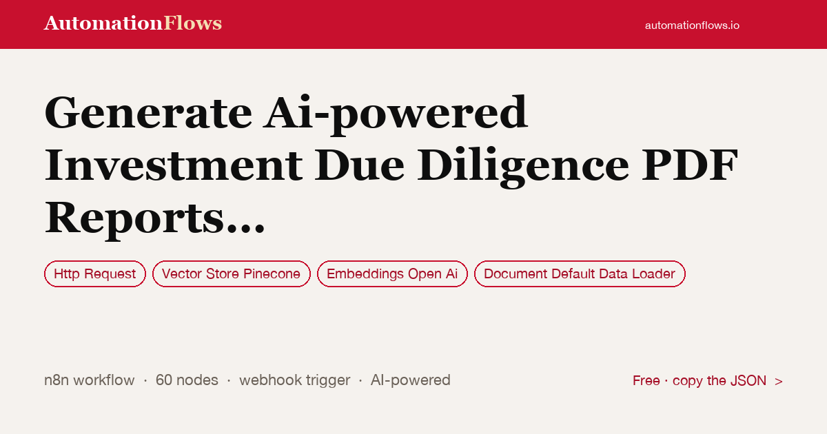 Generate Ai-powered Investment Due Diligence PDF Reports with Openai,… — n8n workflow card showing HTTP Request, Pinecone Vector Store, OpenAI Embeddings integration
