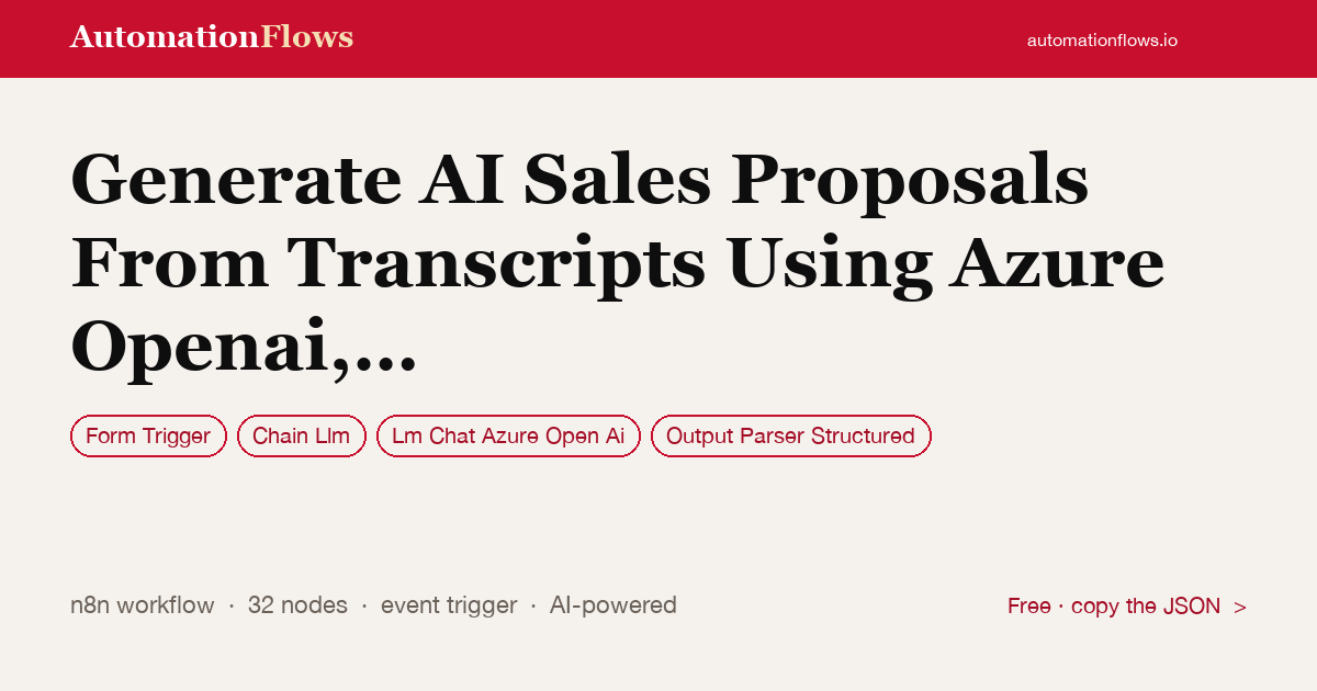 Generate AI Sales Proposals From Transcripts Using Azure Openai, Pandadoc &… — n8n workflow card showing Form Trigger, Chain Llm, Lm Chat Azure Open Ai integration