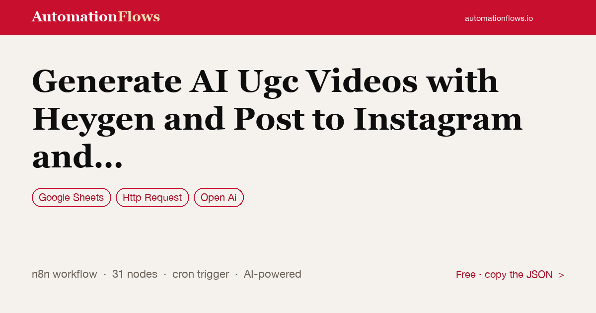 Generate AI UGC Videos with HeyGen and Post to Instagram — n8n workflow card showing Google Sheets, HTTP Request, OpenAI integration