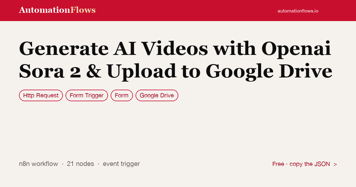 Generate AI Videos with Openai Sora 2 & Upload to Google Drive — n8n workflow card showing HTTP Request, Form Trigger, Form integration