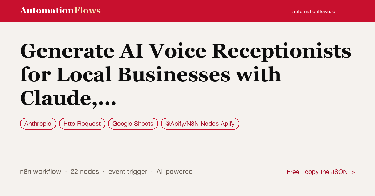AI Voice Receptionists with Claude, Vapi & Google Maps — n8n workflow card showing Anthropic, HTTP Request, Google Sheets integration