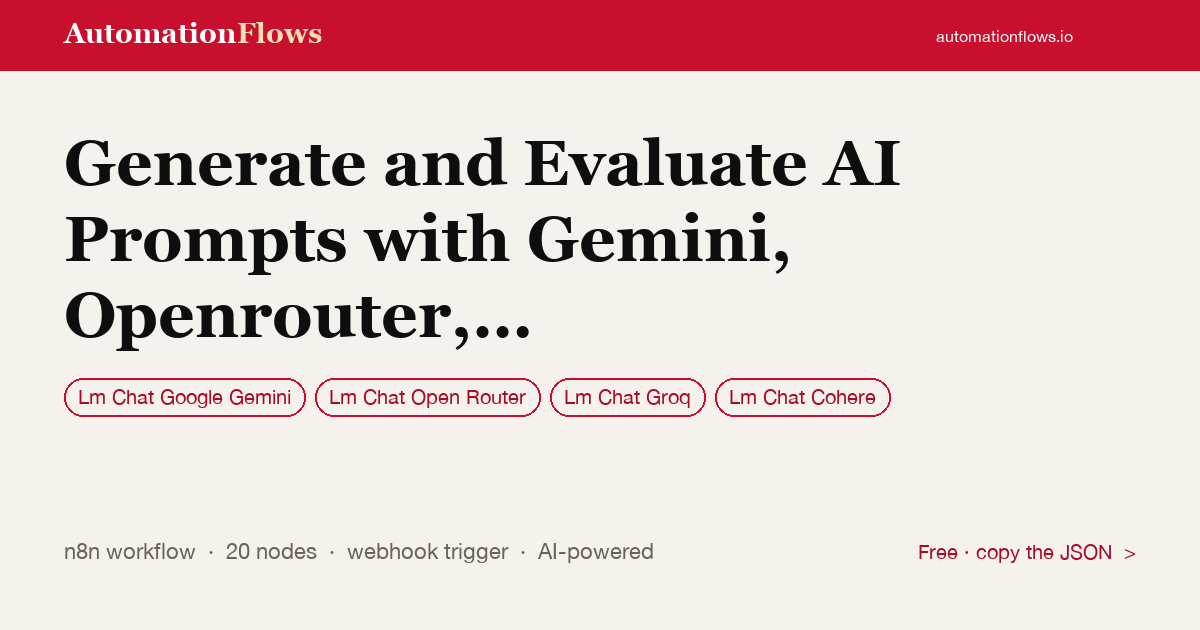 Generate and Evaluate AI Prompts with Gemini, Openrouter, Groq, Cohere and… — n8n workflow card showing Google Gemini Chat, OpenRouter Chat, Groq Chat integration