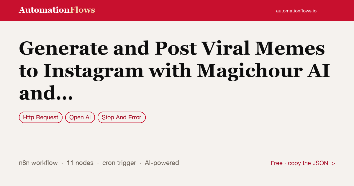 Generate and Post Viral Memes to Instagram with Magichour AI and Gpt-4 — n8n workflow card showing HTTP Request, OpenAI, Stop And Error integration