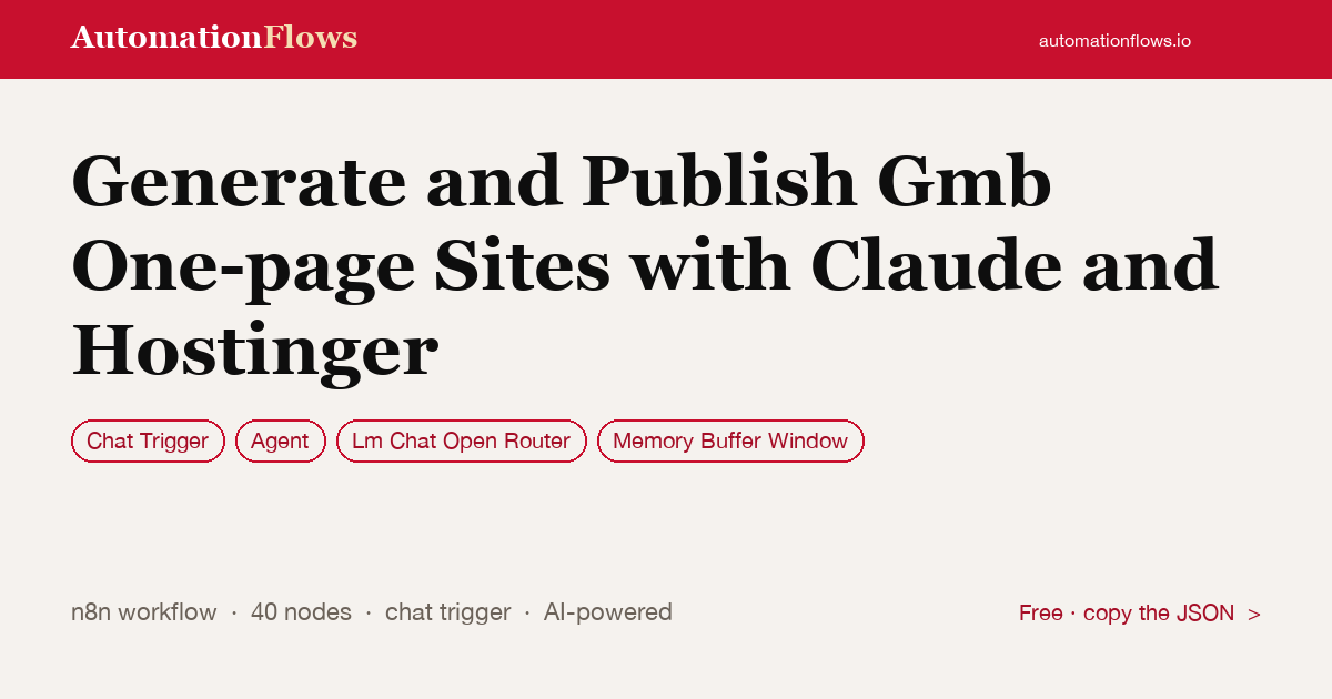 Generate and Publish Gmb One-page Sites with Claude and Hostinger — n8n workflow card showing Chat Trigger, Agent, OpenRouter Chat integration