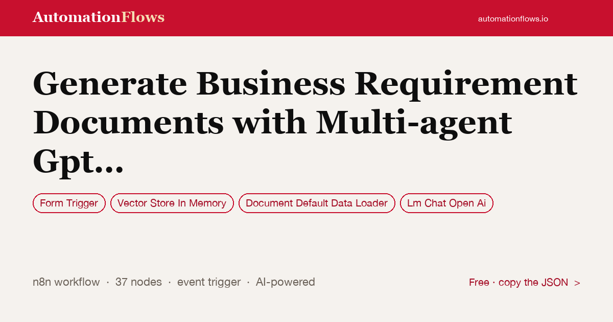 Generate Business Requirement Documents with Multi-agent Gpt & Google Workspace — n8n workflow card showing Form Trigger, In-Memory Vector Store, Document Default Data Loader integration