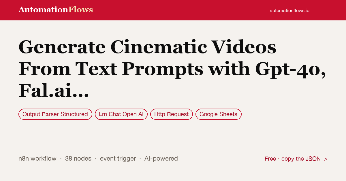 Generate Cinematic Videos from Text Prompts with GPT-4o & Fal.ai — n8n workflow card showing Output Parser Structured, OpenAI Chat, HTTP Request integration
