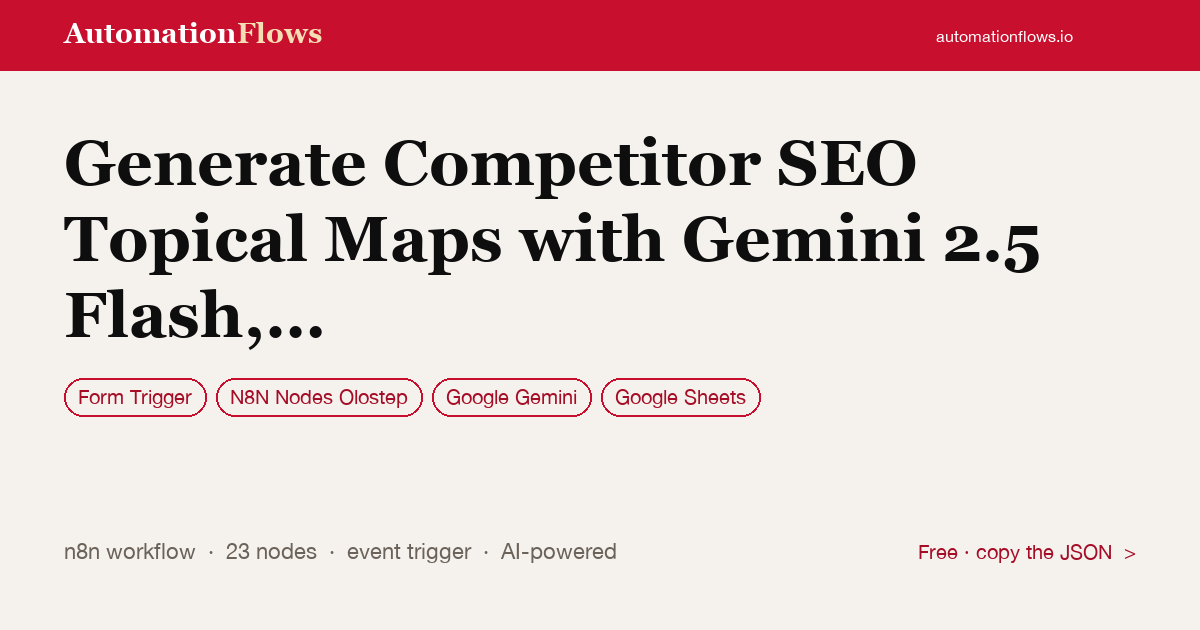 Generate Competitor SEO Topical Maps with Gemini 2.5 Flash, Olostep and… — n8n workflow card showing Form Trigger, N8N Nodes Olostep, Google Gemini integration