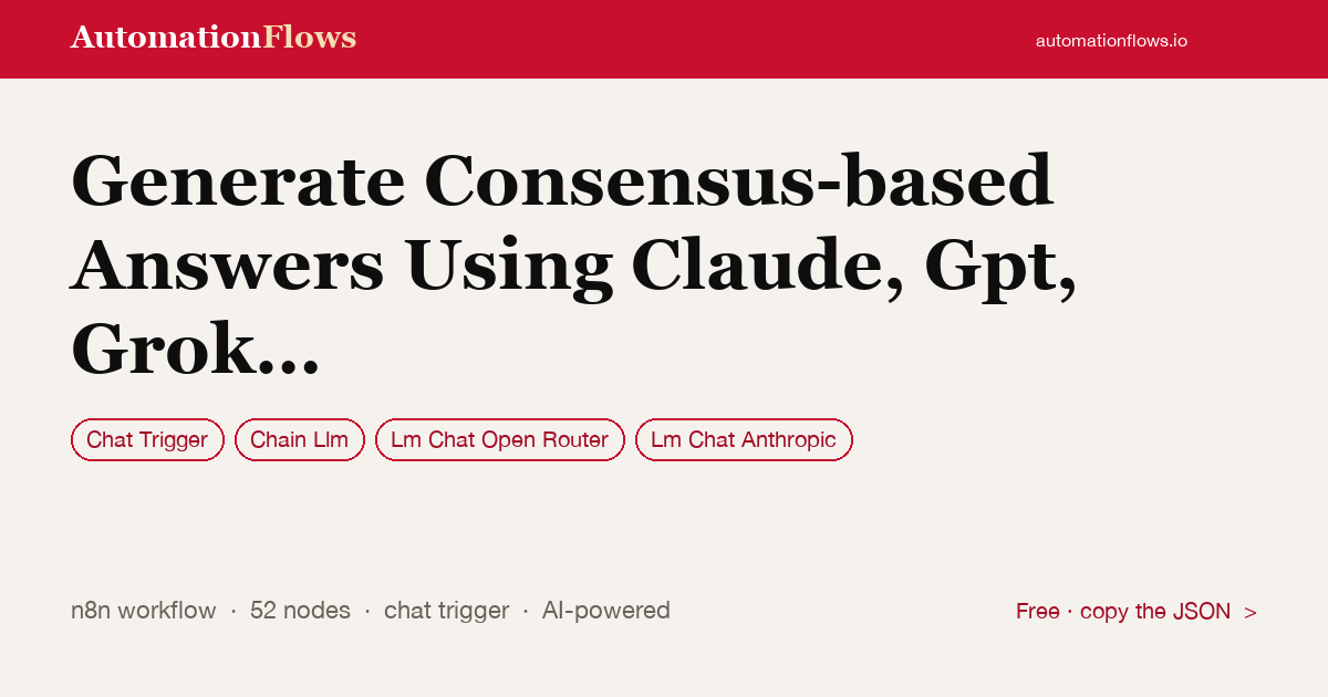 Generate Consensus-based Answers Using Claude, Gpt, Grok and Gemini — n8n workflow card showing Chat Trigger, Chain Llm, OpenRouter Chat integration