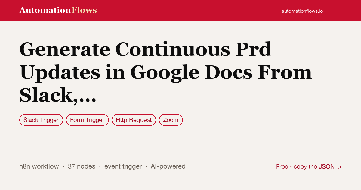 Generate Continuous Prd Updates in Google Docs From Slack, Zoom, Jira,… — n8n workflow card showing Slack Trigger, Form Trigger, HTTP Request integration