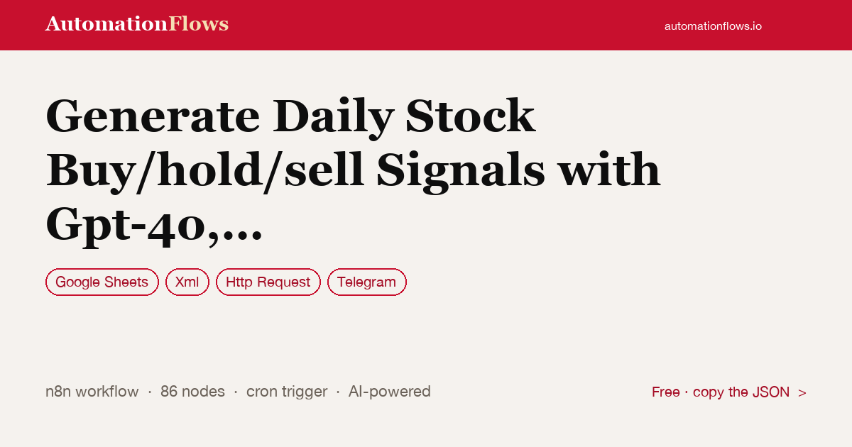 Generate Daily Stock Buy/hold/sell Signals with Gpt-4o, Gemini, Fmp, Sheets… — n8n workflow card showing Google Sheets, XML, HTTP Request integration