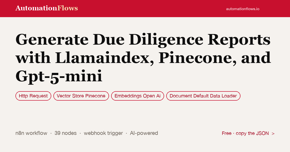 Generate Due Diligence Reports with Llamaindex, Pinecone, and Gpt-5-mini — n8n workflow card showing HTTP Request, Pinecone Vector Store, OpenAI Embeddings integration