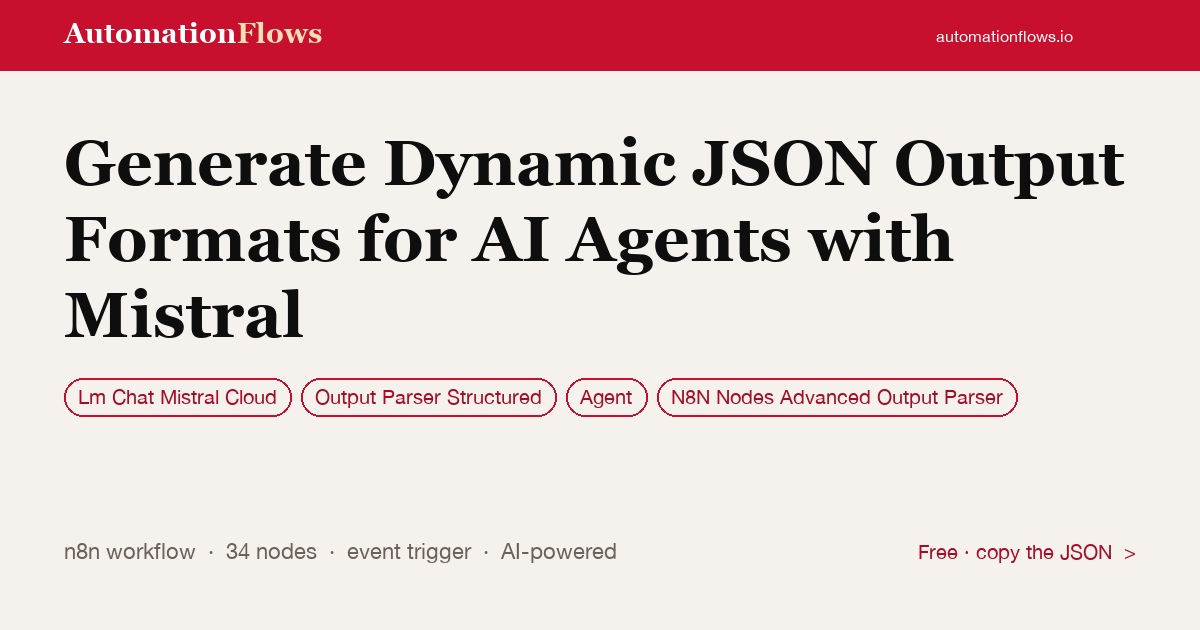 Generate Dynamic JSON Output Formats for AI Agents with Mistral — n8n workflow card showing Lm Chat Mistral Cloud, Output Parser Structured, Agent integration
