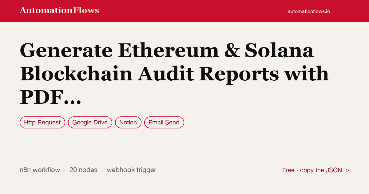 Generate Ethereum & Solana Blockchain Audit Reports with PDF Export to Drive… — n8n workflow card showing HTTP Request, Google Drive, Notion integration