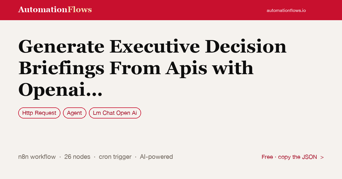 Generate Executive Decision Briefings From Apis with Openai and Google Sheets — n8n workflow card showing HTTP Request, Agent, OpenAI Chat integration