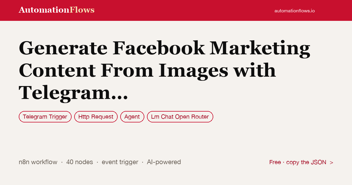 Generate Facebook Marketing Content From Images with Telegram & Gemini — n8n workflow card showing Telegram Trigger, HTTP Request, Agent integration