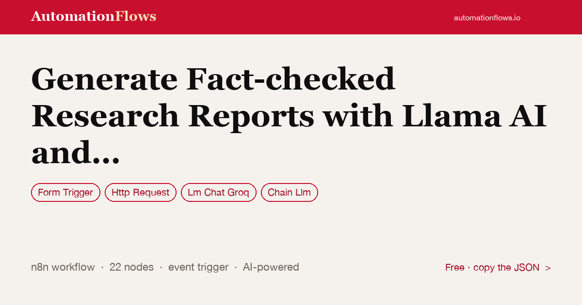 Generate Fact-checked Research Reports with Llama AI and Web Search — n8n workflow card showing Form Trigger, HTTP Request, Groq Chat integration