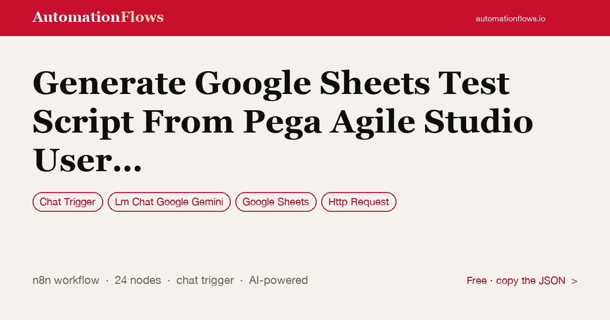 Generate Google Sheets Test Script From Pega Agile Studio User Stories with AI — n8n workflow card showing Chat Trigger, Google Gemini Chat, Google Sheets integration