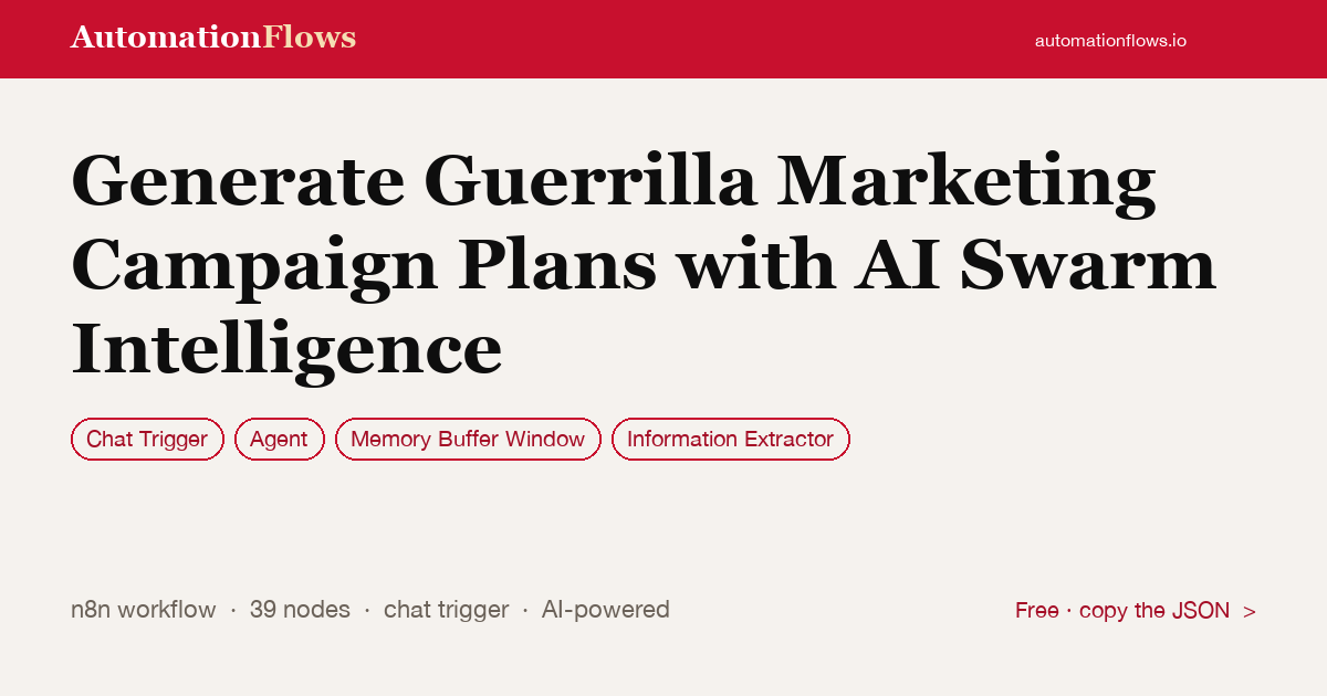 Generate Guerrilla Marketing Campaign Plans with AI Swarm Intelligence — n8n workflow card showing Chat Trigger, Agent, Memory Buffer Window integration
