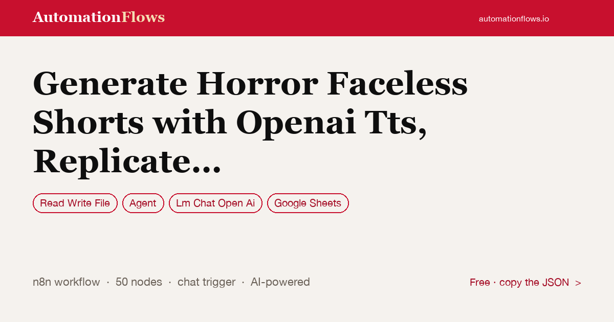 Generate Horror Faceless Shorts with Openai Tts, Replicate Video, and… — n8n workflow card showing Read Write File, Agent, OpenAI Chat integration