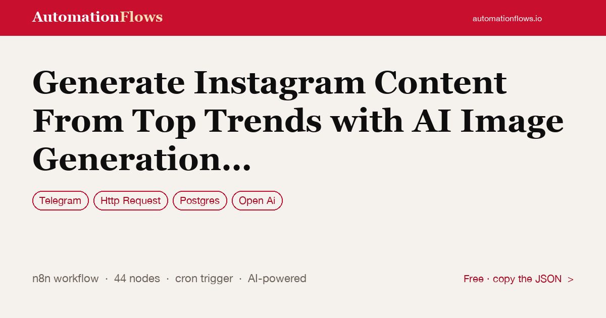 Generate Instagram Content From Top Trends with AI Image Generation… — n8n workflow card showing Telegram, HTTP Request, Postgres integration