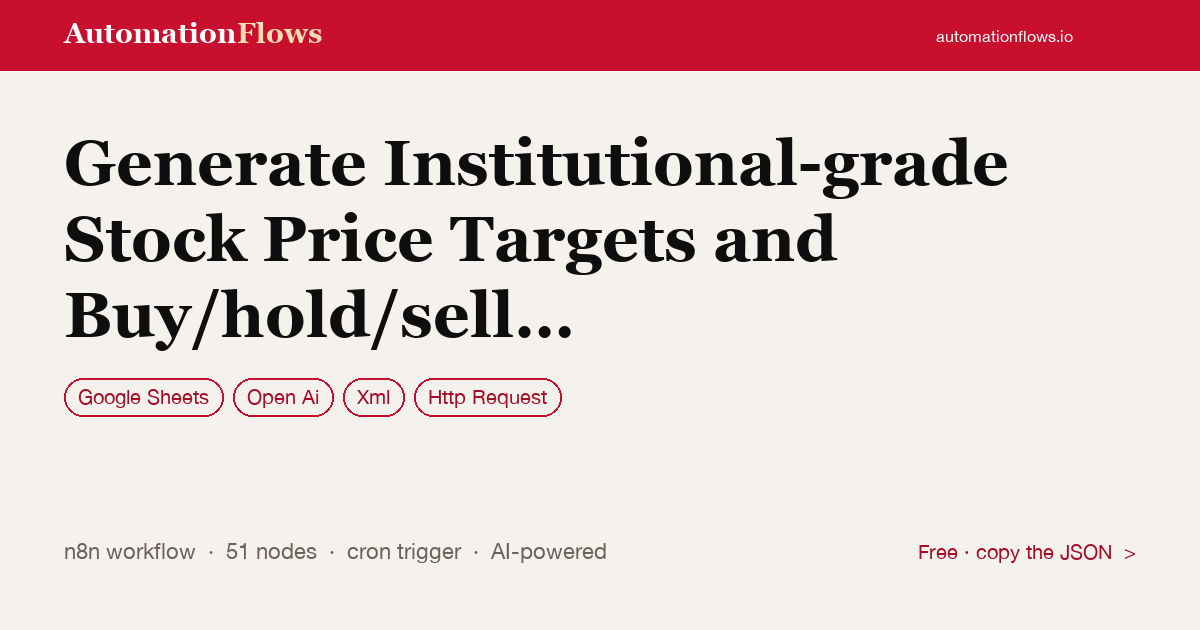 Generate Institutional-grade Stock Price Targets and Buy/hold/sell Signals… — n8n workflow card showing Google Sheets, OpenAI, XML integration