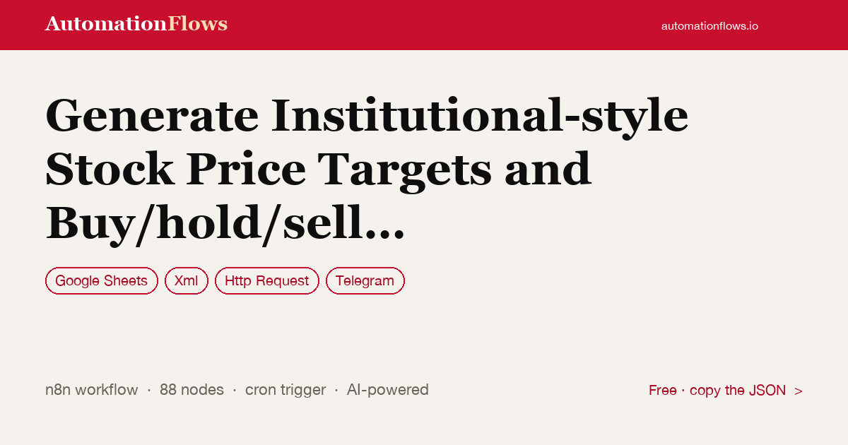 AI Stock Price Targets & Buy/Hold/Sell Alerts — n8n workflow card showing Google Sheets, XML, HTTP Request integration