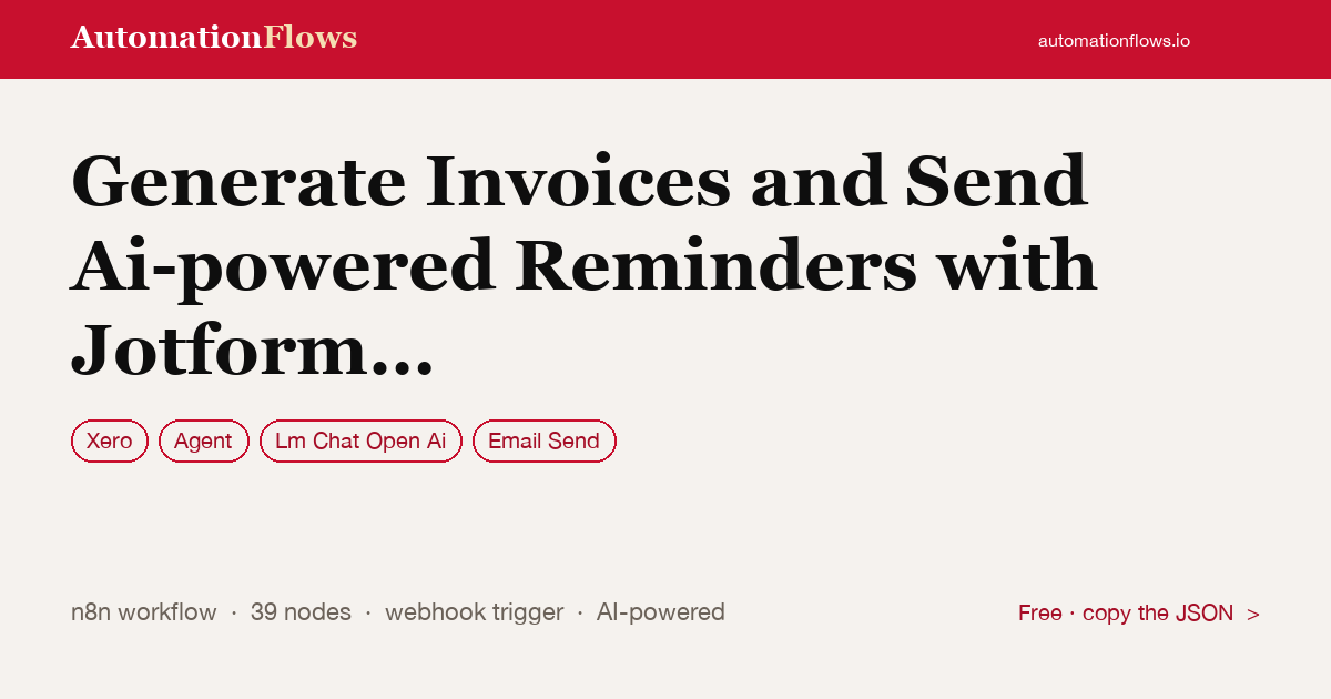 Generate Invoices and Send Ai-powered Reminders with Jotform and Xero — n8n workflow card showing Xero, Agent, OpenAI Chat integration