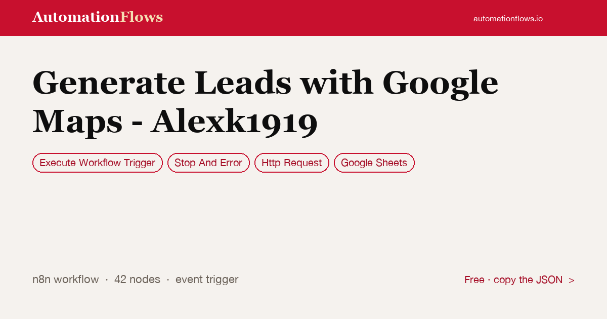 Generate Leads with Google Maps — n8n workflow card showing Execute Workflow Trigger, Stop And Error, HTTP Request integration