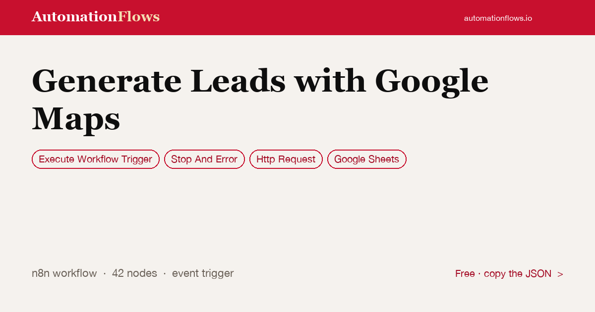 Google Maps to Google Sheets Automation — n8n workflow card showing Execute Workflow Trigger, Stop And Error, HTTP Request integration