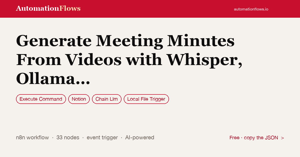 Generate Meeting Minutes From Videos with Whisper, Ollama LLM and Notion — n8n workflow card showing Execute Command, Notion, Chain Llm integration
